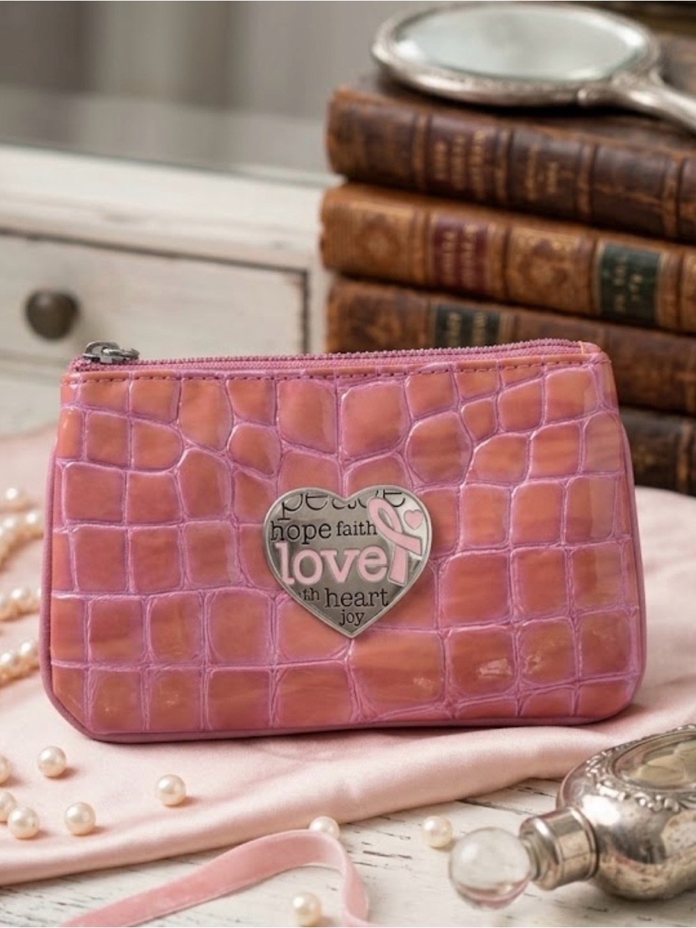 Brighton Cher Pink Croc Embossed Leather Love Heart Pink Croc-Embossed Zip Bag